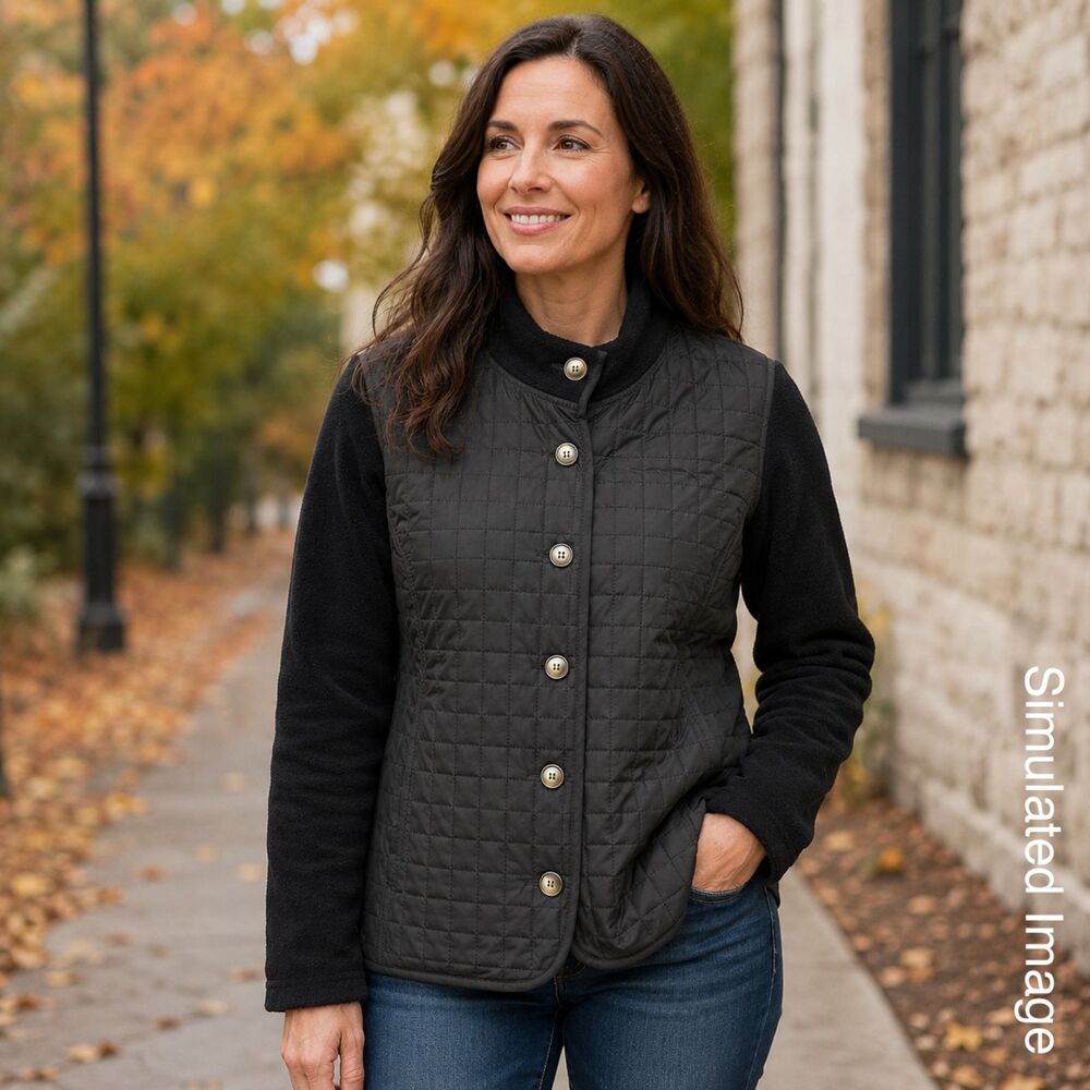 Karen Scott Sport Womens M Black Quilted Fleece Sleeve Jacket Button - Picture 1 of 5